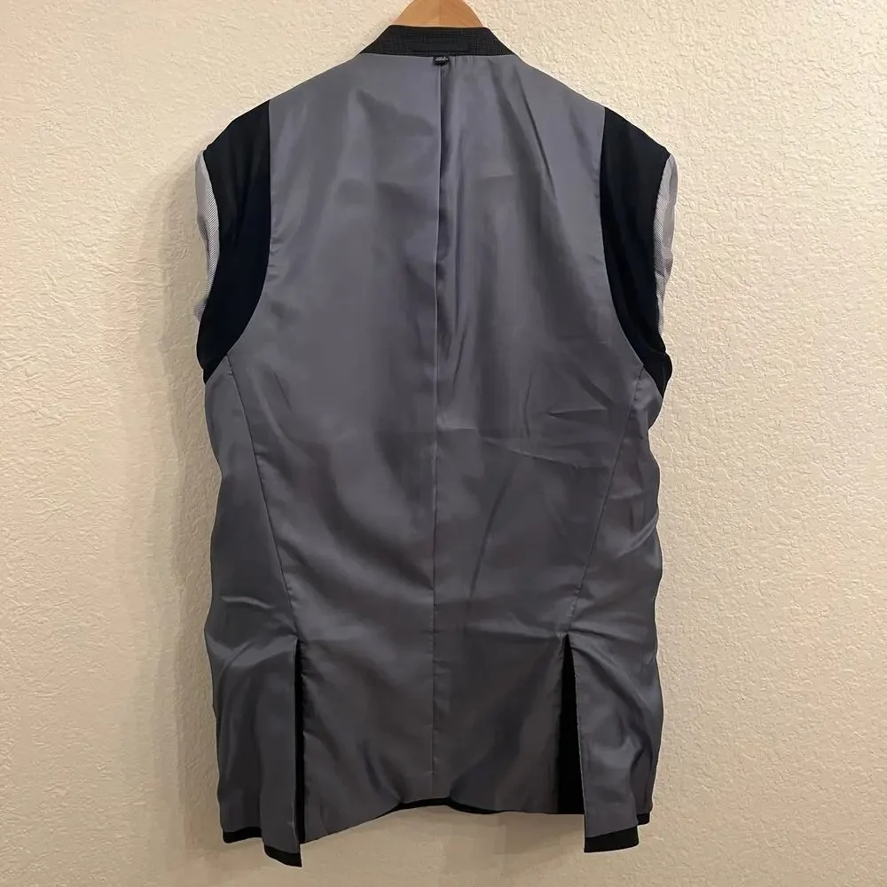 Jos A Bank Linen Cotton Houndstooth Blazer 40L Navy Tailored Fit Elbow Patches